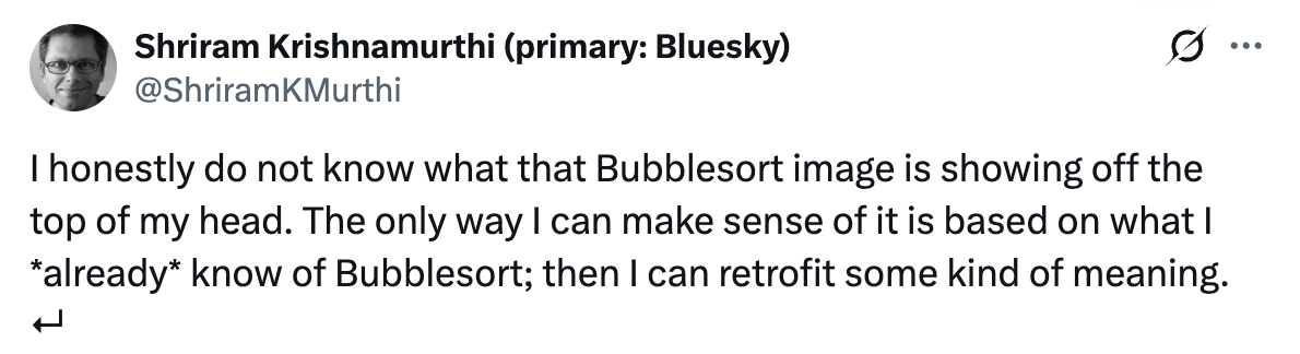 A second tweet critical of the static bubble sort image
